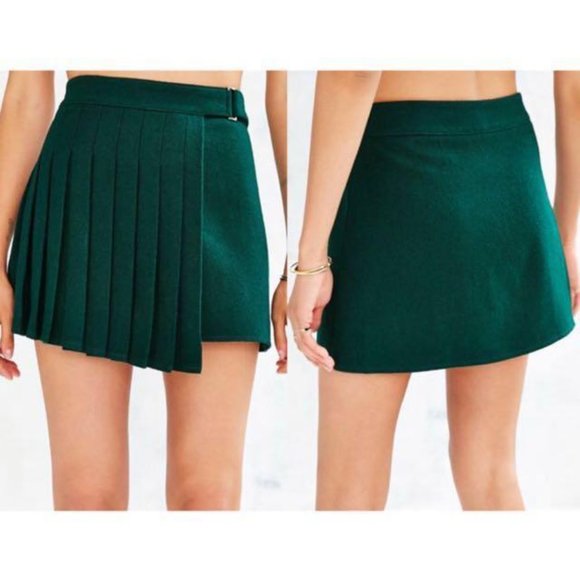 J.O.A. Overlap Pleated Buckle High-Rise Wrap Mini Skirt Deep Green Size M - Picture 5 of 7